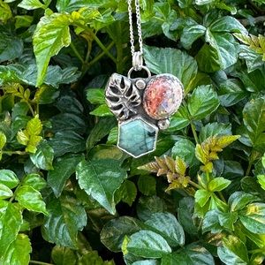 Monstera, opal and Emerald necklace